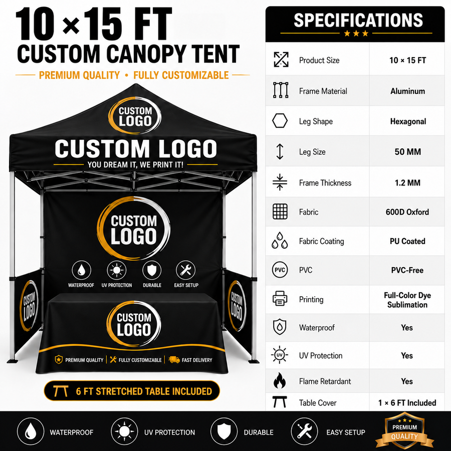 Custom 10x15 FT Waterproof Pop-Up Canopy Tent with Custom Printing