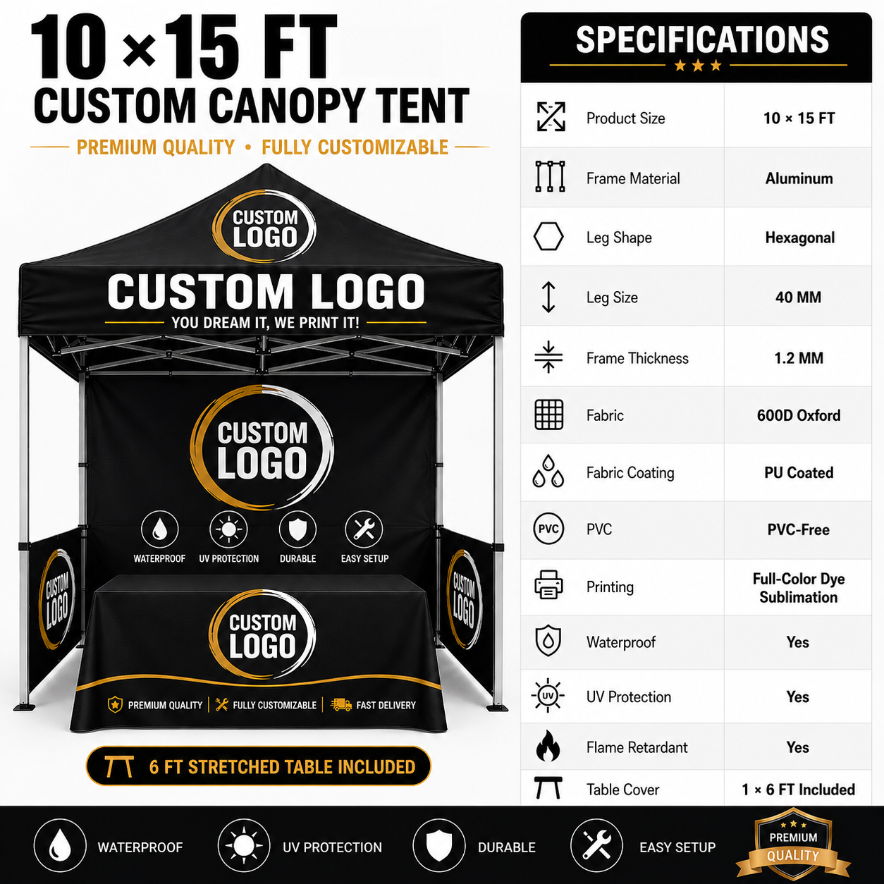 Custom 10×15 ft Waterproof Pop-Up Canopy Tent with Custom Printing